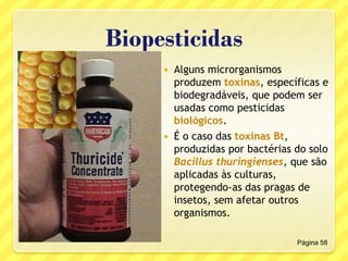 Biopesticidas
 Alguns microrganismos
produzem toxinas, específicas e
biodegradáveis, que podem ser
usadas como pesticidas
biológicos.
 É o caso das toxinas Bt,
produzidas por bactérias do solo
Bacillus thuringienses, que são
aplicadas às culturas,
protegendo-as das pragas de
insetos, sem afetar outros
organismos.
Página 58
 