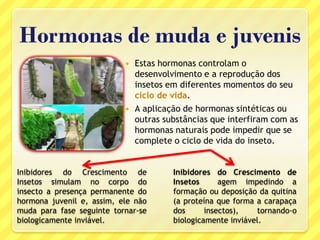 Hormonas de muda e juvenis
 Estas hormonas controlam o
desenvolvimento e a reprodução dos
insetos em diferentes momentos do seu
ciclo de vida.
 A aplicação de hormonas sintéticas ou
outras substâncias que interfiram com as
hormonas naturais pode impedir que se
complete o ciclo de vida do inseto.
Inibidores do Crescimento de
Insetos simulam no corpo do
insecto a presença permanente do
hormona juvenil e, assim, ele não
muda para fase seguinte tornar-se
biologicamente inviável.
Inibidores do Crescimento de
Insetos agem impedindo a
formação ou deposição da quitina
(a proteína que forma a carapaça
dos insectos), tornando-o
biologicamente inviável.
 