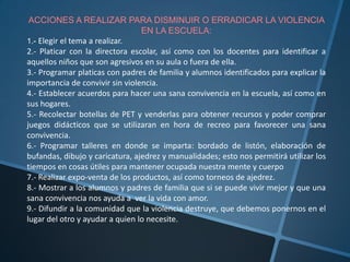 ACCIONES A REALIZAR PARA DISMINUIR O ERRADICAR LA VIOLENCIA
                                 EN LA ESCUELA:
1.- Elegir el tema a realizar.
2.- Platicar con la directora escolar, así como con los docentes para identificar a
aquellos niños que son agresivos en su aula o fuera de ella.
3.- Programar platicas con padres de familia y alumnos identificados para explicar la
importancia de convivir sin violencia.
4.- Establecer acuerdos para hacer una sana convivencia en la escuela, así como en
sus hogares.
5.- Recolectar botellas de PET y venderlas para obtener recursos y poder comprar
juegos didácticos que se utilizaran en hora de recreo para favorecer una sana
convivencia.
6.- Programar talleres en donde se imparta: bordado de listón, elaboración de
bufandas, dibujo y caricatura, ajedrez y manualidades; esto nos permitirá utilizar los
tiempos en cosas útiles para mantener ocupada nuestra mente y cuerpo
7.- Realizar expo-venta de los productos, así como torneos de ajedrez.
8.- Mostrar a los alumnos y padres de familia que si se puede vivir mejor y que una
sana convivencia nos ayuda a ver la vida con amor.
9.- Difundir a la comunidad que la violencia destruye, que debemos ponernos en el
lugar del otro y ayudar a quien lo necesite.
 