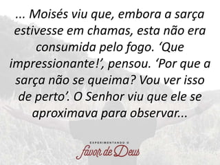 ... Moisés viu que, embora a sarça
estivesse em chamas, esta não era
consumida pelo fogo. ‘Que
impressionante!’, pensou. ‘...