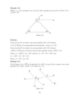 Ejemplo 14.2
Hallar ∠x y ∠y en la Figura 14.3, si la recta AB es paralela a la recta CD, ∠CBA = 45◦
y
∠CAB = 50◦
.
Figura 14.3
Solución
Como la recta AC es secante a las rectas paralelas AB y CD, entonces
∠y ∼
= ∠CAB por ser correspondientes entre paralelas. Luego, ∠y = 50◦
.
Como la recta BC es secante a las rectas paralelas AB y CD, entonces
∠BCD ∼
= ∠CBA por ser alternos internos entre paralelas. Luego, ∠BCD = 45◦
.
Como ∠x + ∠BCD + ∠y = 180◦
, entonces ∠x + 45◦
+ 50◦
= 180◦
y así,
∠x = 180◦
− 45◦
− 50◦
= 85◦
.
Luego, ∠x = 85◦
y ∠y = 50◦
.
Ejemplo 14.3
En la Figura 14.4, si
−
→
OC es la bisectriz del ∠AOF, la recta AB es secante a las rectas
paralelas EF y GH y ∠AOC = 70◦
, hallar ∠α y ∠β.
Figura 14.4
95
 