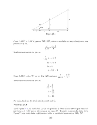 Figura 27.4
Como 4ADE ∼ 4AFH, porque FH k DE, entonces sus lados correspondientes son pro-
porcionales y así,
x
1, 50
=
x + 9
6
.
Resolvamos esta ecuación para x:
6
1, 50
x = x + 9
4x = x + 9
3x = 9
x = 9/3 = 3.
Como 4ABC ∼ 4AFH, por ser FH k BC, entonces
h
49 + 3
=
1, 50
3
.
Resolvamos esta ecuación para h:
h
52
=
1
2
h =
52
2
h = 26.
Por tanto, la altura del árbol más alto es 26 metros.
Problema 27.3
En la Figura 27.5, las carreteras L y M son paralelas y están unidas entre sí por otras dos
carreteras AD y BC que se intersecan en un punto O. Teniendo en cuenta los datos de la
Figura ??, que están dados en kilómetros, hallar la medida de las carreteras AD y BC.
195
 