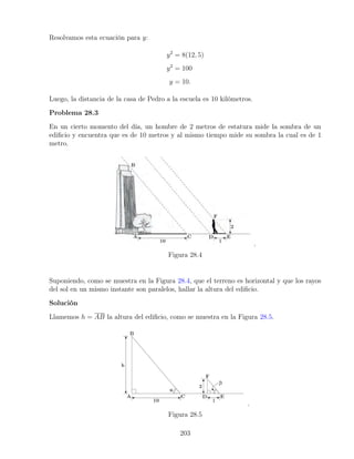 Resolvamos esta ecuación para y:
y2
= 8(12, 5)
y2
= 100
y = 10.
Luego, la distancia de la casa de Pedro a la escuela es 10 kilómetros.
Problema 28.3
En un cierto momento del día, un hombre de 2 metros de estatura mide la sombra de un
edificio y encuentra que es de 10 metros y al mismo tiempo mide su sombra la cual es de 1
metro.
Figura 28.4
Suponiendo, como se muestra en la Figura 28.4, que el terreno es horizontal y que los rayos
del sol en un mismo instante son paralelos, hallar la altura del edificio.
Solución
Llamemos h = AB la altura del edificio, como se muestra en la Figura 28.5.
Figura 28.5
203
 