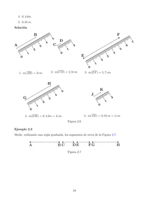 4. 0, 4 dm.
5. 0, 01 m.
Solución
1. m(AB) = 3 cm 2. m(CD) = 1/2 cm 3. m(EF) = 5, 7 cm
4. m(GH) = 0, 4 dm = 4 cm 5. m(JK) = 0, 01 m = 1 cm
Figura 2.6
Ejemplo 2.3
Medir, utilizando una regla graduada, los segmentos de recta de la Figura 2.7.
Figura 2.7
10
 