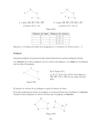 3. 4 lados AB, BC, CD y DE
3 vértices B, C y D
4. 5 lados AB, BC, CD, DE y EF
4 vértices B, C, D y E
Figura 29.4
Número de lados Número de vértices
2 1 = 2 − 1
3 2 = 3 − 1
4 3 = 4 − 1
5 4 = 5 − 1
Entonces, si el número de lados de la poligonal es n, el número de vértices será n − 1.
Polígono
Llamamos polígono a la porción de plano finita limitada por una línea poligonal cerrada.
Los vértices de la línea poligonal son los vértices del polígono y los lados de la poligonal
son los lados del polígono.
Figura 29.5
En la Figura 29.5,
A, B, C, D son los vértices del polígono y
AB, BC, CD y DA son los lados del polí-
gono.
El número de vértices de un polígono es igual al número de lados.
Si la línea poligonal que limita un polígono es convexa decimos que el polígono es convexo.
Cuando la línea poligonal es cóncava decimos que el polígono es cóncavo.
Figura 29.6
211
 