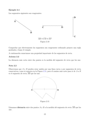 Ejemplo 2.4
Los segmentos siguientes son congruentes:
AB ∼
= CD ∼
= EF
Figura 2.10
Comprobar que efectivamente los segmentos son congruentes utilizando primero una regla
graduada y luego el compás.
A continuación enunciamos una propiedad importante de los segmentos de recta.
Axioma 2.2
La distancia más corta entre dos puntos es la medida del segmento de recta que los une.
Nota 2.2
Observemos que A y B pueden estar unidos por una línea curva o por segmentos de recta
consecutivos, como se muestra en la Figura 2.11, pero el camino más corto para ir de A a B
es el segmento de recta AB que los une.
Figura 2.11
Llamamos distancia entre dos puntos A y B a la medida del segmento de recta AB que los
une.
12
 