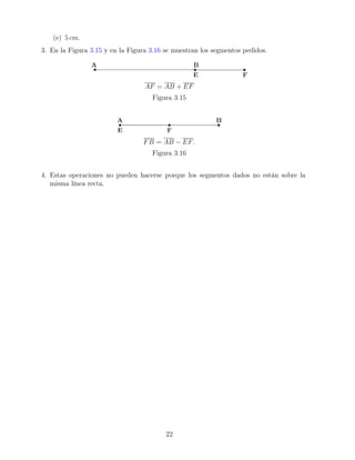(e) 5 cm.
3. En la Figura 3.15 y en la Figura 3.16 se muestran los segmentos pedidos.
AF = AB + EF
Figura 3.15
FB = AB − EF.
Figura 3.16
4. Estas operaciones no pueden hacerse porque los segmentos dados no están sobre la
misma línea recta.
22
 