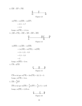 2. GH − EF = FH.
Figura 4.3
m(FH) = m(GH) − m(EF)
= 3, 5 − 1, 7
= 1, 8.
Luego, m(FH) = 1, 8 cm.
3. (AB + CD) − GH = AD − GH = HD.
Figura 4.4
m(HD) = m(AD) − m(GH)
= (m(AB) + m(CD)) − m(GH)
= (4 + 1, 5) − 3, 5
= 5, 5 − 3, 5
= 2.
Luego, m(HD) = 2 cm.
4. CR = 2CD.
Figura 4.5
CR es tal que m(CR) = 2m(CD) = 2(1, 5) = 3.
Luego, m(CR) = 3 cm.
5. ER =
5
3
EF.
ER es tal que m(ER) =
5
3
m(EF) =
5
3
(1, 7) = 2, 83̄
Luego, m(ER) = 2, 83̄ cm.
Figura 4.6
24
 