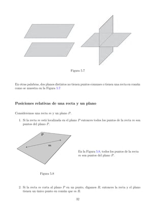Figura 5.7
En otras palabras, dos planos distintos no tienen puntos comunes o tienen una recta en común
como se muestra en la Figura 5.7
Posiciones relativas de una recta y un plano
Consideremos una recta m y un plano P.
1. Si la recta m está localizada en el plano P entonces todos los puntos de la recta m son
puntos del plano P.
Figura 5.8
En la Figura 5.8, todos los puntos de la recta
m son puntos del plano P.
2. Si la recta m corta al plano P en un punto, digamos R, entonces la recta y el plano
tienen un único punto en común que es R.
32
 