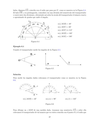 lados, digamos
−
→
OA, coincida con el radio que pasa por 0◦
, como se muestra en la Figura 6.4.
El lado
−
−
→
OB, o su prolongación, coincidirá con una división del semicírculo del transportador
o caerá entre dos divisiones, obteniendo así sobre la escala del transportador el número exacto
o aproximado de grados que mide el ángulo.
Figura 6.4
m(∠AOB) = 40◦
m(∠AOC) = 60◦
m(∠AOF) ≈ 112◦
m(∠AOD) = 140◦
m(∠AOE) = 180◦
Ejemplo 6.1
Usando el transportador medir los ángulos de la Figura 6.5.
Figura 6.5
Solución
Para medir los ángulos dados colocamos el transportador como se muestra en la Figura
6.6.
m(∠AOB) = 40◦
m(∠α) = 90◦
m(∠1) = 132◦
Figura 6.6
Para dibujar un ∠AOB de una medida dada, trazamos una semirrecta
−
→
OA y sobre ella
colocamos el transportador de tal manera que su centro coincida con el punto O y el radio que
37
 