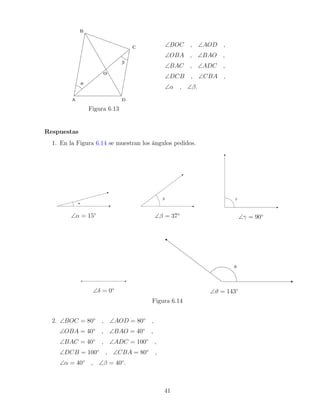 Figura 6.13
∠BOC , ∠AOD ,
∠OBA , ∠BAO ,
∠BAC , ∠ADC ,
∠DCB , ∠CBA ,
∠α , ∠β.
Respuestas
1. En la Figura 6.14 se muestran los ángulos pedidos.
∠α = 15◦
∠β = 37◦
∠γ = 90◦
∠δ = 0◦
∠ϑ = 143◦
Figura 6.14
2. ∠BOC = 80◦
, ∠AOD = 80◦
,
∠OBA = 40◦
, ∠BAO = 40◦
,
∠BAC = 40◦
, ∠ADC = 100◦
,
∠DCB = 100◦
, ∠CBA = 80◦
,
∠α = 40◦
, ∠β = 40◦
.
41
 