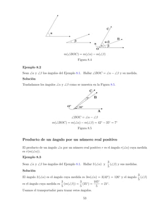 m(∠BOC) = m(∠α) − m(∠β)
Figura 8.4
Ejemplo 8.2
Sean ∠α y ∠β los ángulos del Ejemplo 8.1. Hallar ∠BOC = ∠α − ∠β y su medida.
Solución
Trasladamos los ángulos ∠α y ∠β como se muestra en la Figura 8.5.
∠BOC = ∠α − ∠β
m(∠BOC) = m(∠α) − m(∠β) = 42◦
− 35◦
= 7◦
Figura 8.5
Producto de un ángulo por un número real positivo
El producto de un ángulo ∠α por un número real positivo r es el ángulo r(∠α) cuya medida
es r(m(∠α)).
Ejemplo 8.3
Sean ∠α y ∠β los ángulos del Ejemplo 8.1. Hallar 3 (∠α) y
3
5
(∠β) y sus medidas.
Solución
El ángulo 3 (∠α) es el ángulo cuya medida es 3m(∠α) = 3(42◦
) = 126◦
y el ángulo
3
5
(∠β)
es el ángulo cuya medida es
3
5
(m(∠β)) =
3
5
(35◦
) =
105◦
5
= 21◦
.
Usamos el transportador para trazar estos ángulos.
53
 