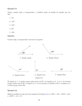 Ejemplo 9.1
Trazar, usando regla y transportador, y clasificar según su medida los ángulos que mi-
den:
1. 35◦
.
2. 125◦
.
3. 150◦
.
4. 90◦
.
5. 180◦
.
Solución
Usando regla y transportador tracemos los ángulos:
1. Ángulo agudo 2. Ángulo obtuso
3. Ángulo obtuso 4. Ángulo recto 5. Ángulo llano
Figura 9.2
El ángulo en 1. es agudo porque mide menos de 90◦
, los ángulos en 2. y en 3. son obtusos
porque miden más de 90◦
, el ángulo en 4. es recto porque su medida es 90◦
y el ángulo en 5.
es llano porque mide 180◦
.
Ejemplo 9.2
Hallar la medida de cada uno de los ángulos de la Figura 9.3, si ∠AOC = 90◦
, ∠AOB = (2x)◦
y ∠BOC = (3x + 5)◦
.
60
 