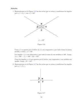 Solución
1. Representemos en la Figura 11.6 las dos rectas que se cortan y nombremos los ángulos
por α, β , θ y γ, con ∠γ = 62o
.
∠γ = 62o
Figura 11.6
Como ∠γ es opuesto por el vértice al ∠β, son congruentes y por tanto tienen la misma
medida, es decir, ∠β = 62o
.
Los ángulos γ y α son adyacentes y por tanto la suma de sus medidas es 180o
. Luego,
∠α = 180o
− ∠γ = 180o
− 62 = 118o
.
Como los ángulos α y θ son opuestos por el vértice, son congruentes y sus medidas son
iguales. Luego, ∠θ = 118o
.
2. Representemos en la Figura 11.7 las dos rectas que se cortan y nombremos los ángulos
por α, β , θ y γ.
Figura 11.7
73
 