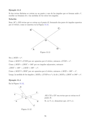 Ejemplo 11.3
Si dos rectas distintas se cortan en un punto y uno de los ángulos que se forman mide xo
,
escribir en términos de x las medidas de los otros tres ángulos.
Solución
Sean AC y BD rectas que se cortan en el punto O, formando dos pares de ángulos opuestos
por el vértice, como se muestra en la Figura 11.11.
Figura 11.11
Sea ∠AOB = xo
.
Como ∠AOB ∼
= ∠COD por ser opuestos por el vértice, entonces ∠COD = xo
.
Como ∠AOB + ∠BOC = 180o
por ser ángulos adyacentes, entonces
∠BOC = 180o
− ∠AOB = 180o
− xo
.
Como ∠AOD ∼
= ∠BOC por ser opuestos por el vértice, entonces ∠AOD = 180o
− xo
.
Luego, la medida de los ángulos ∠AOB y ∠COD es xo
y la de ∠AOD y ∠BOC es 180o
−xo
.
Ejemplo 11.4
En la Figura 11.12,
Figura 11.12
AB, CD y EF son rectas que se cortan en el
punto K.
Si ∠a ∼
= ∠c, demostrar que ∠b ∼
= ∠c.
76
 