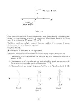Figura 12.6
Cada punto de la mediatriz de un segmento está a igual distancia de los extremos del seg-
mento, o en otras palabras, equidista de los extremos del segmento. Es decir, si P es un
punto de la mediatriz de AB entonces AP ∼
= PB.
También se cumple que cualquier punto del plano que equidista de los extremos de un seg-
mento, pertenece a la mediatriz del segmento.
Construcción 12.1
¿Cómo trazar la mediatriz de un segmento?
Para trazar la mediatriz de un segmento AB, usando regla y compás, procedemos así:
1. Trazamos un arco de circunferencia con centro en A y radio mayor que la mitad de la
medida de AB.
2. Trazamos otro arco de circunferencia con igual radio al del paso 1. y con centro en B.
Estos arcos se cortan en los puntos que llamaremos P y Q.
3. Trazamos la recta que pasa por los puntos P y Q. La recta PQ es la mediatriz de AB.
Paso 1 Paso 2 Paso 3
Figura 12.7
82
 