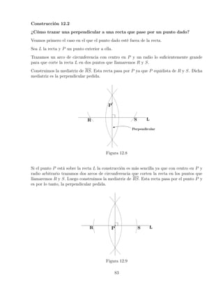 Construcción 12.2
¿Cómo trazar una perpendicular a una recta que pase por un punto dado?
Veamos primero el caso en el que el punto dado esté fuera de la recta.
Sea L la recta y P un punto exterior a ella.
Trazamos un arco de circunferencia con centro en P y un radio lo suficientemente grande
para que corte la recta L en dos puntos que llamaremos R y S.
Construimos la mediatriz de RS. Esta recta pasa por P ya que P equidista de R y S. Dicha
mediatriz es la perpendicular pedida.
Figura 12.8
Si el punto P está sobre la recta L la construcción es más sencilla ya que con centro en P y
radio arbitrario trazamos dos arcos de circunferencia que corten la recta en los puntos que
llamaremos R y S. Luego construimos la mediatriz de RS. Esta recta pasa por el punto P y
es por lo tanto, la perpendicular pedida.
Figura 12.9
83
 