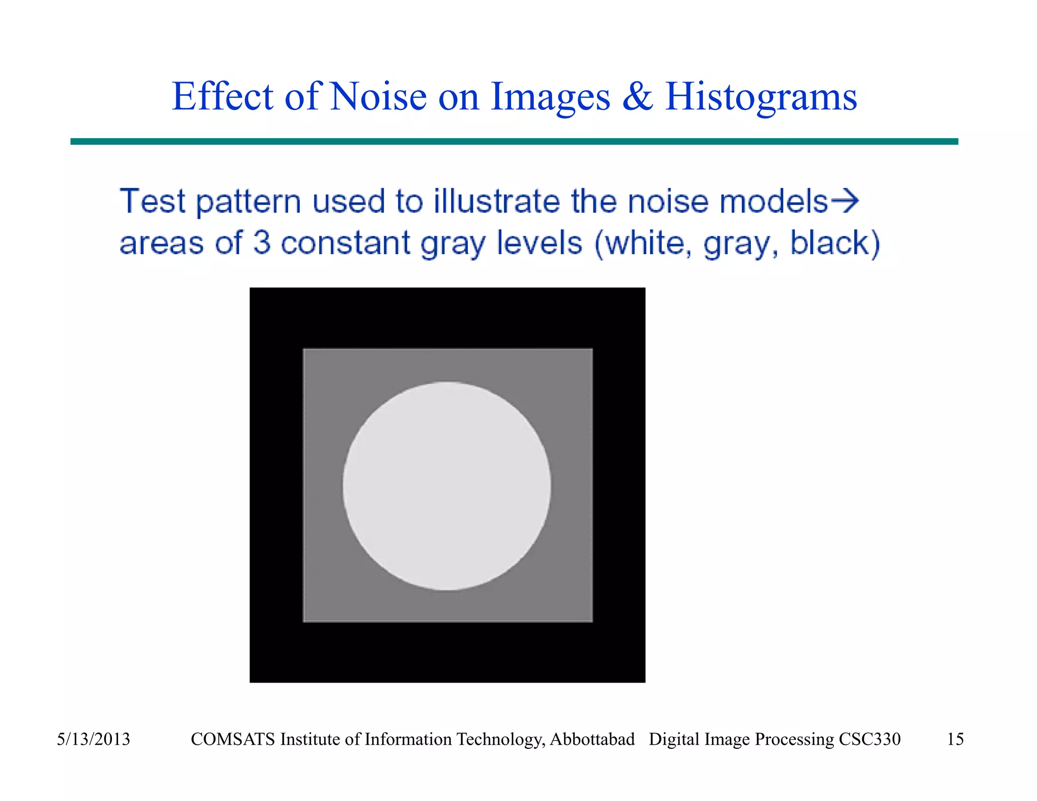 Effect of Noise on Images & Histograms 
5/13/2013 COMSATS Institute of Information Technology, Abbottabad Digital Image Processing CSC330 15 
 