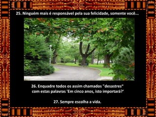 25. Ninguém mais é responsável pela sua felicidade, somente você...




        26. Enquadre todos os assim chamados "desastres“
        com estas palavras 'Em cinco anos, isto importará?‘

                    27. Sempre escolha a vida.
 