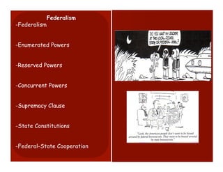 Federalism
-Federalism


-Enumerated Powers


-Reserved Powers


-Concurrent Powers


-Supremacy Clause


-State Constitutions


-Federal-State Cooperation
 