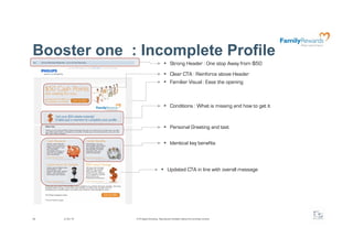 Booster one : Incomplete Profile
                                              Strong Header : One stop Away from $50
                                              Clear CTA : Reinforce above Header
                                              Familiar Visual : Ease the opening



                                              Conditions : What is missing and how to get it


                                              Personal Greeting and text

                                              Identical key benefits



                                           Updated CTA in line with overall message




39   2/24/10   @ F5 Digital Consulting - Reproduction forbidden without formal written consent.
 