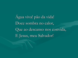 Água viva! pão da vida!Água viva! pão da vida!
Doce sombra no calor,Doce sombra no calor,
Que ao descanso nos convida,Que ao descanso nos convida,
E Jesus, meu Salvador!E Jesus, meu Salvador!
 