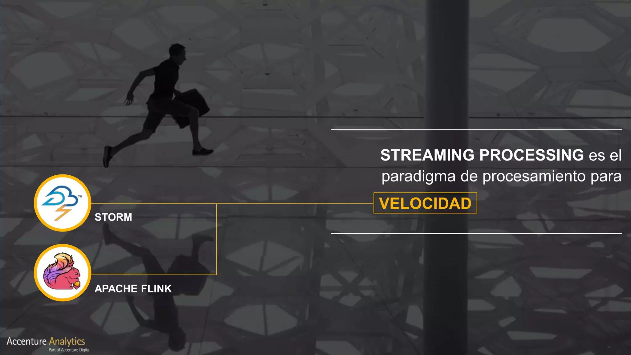 STREAMING PROCESSING es el
paradigma de procesamiento para
STORM
VELOCIDAD
APACHE FLINK
 