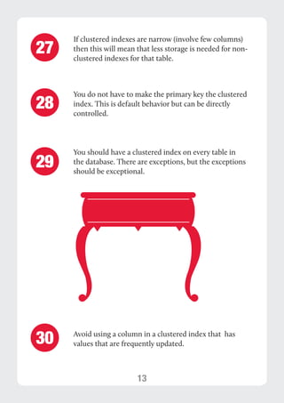 13 
If clustered indexes are narrow (involve few columns) 
then this will mean that less storage is needed for non-clustered 
indexes for that table. 
You do not have to make the primary key the clustered 
index. This is default behavior but can be directly 
controlled. 
You should have a clustered index on every table in 
the database. There are exceptions, but the exceptions 
should be exceptional. 
27 
28 
29 
Avoid using a column in a clustered index that has 
values that are frequently updated. 30 
 