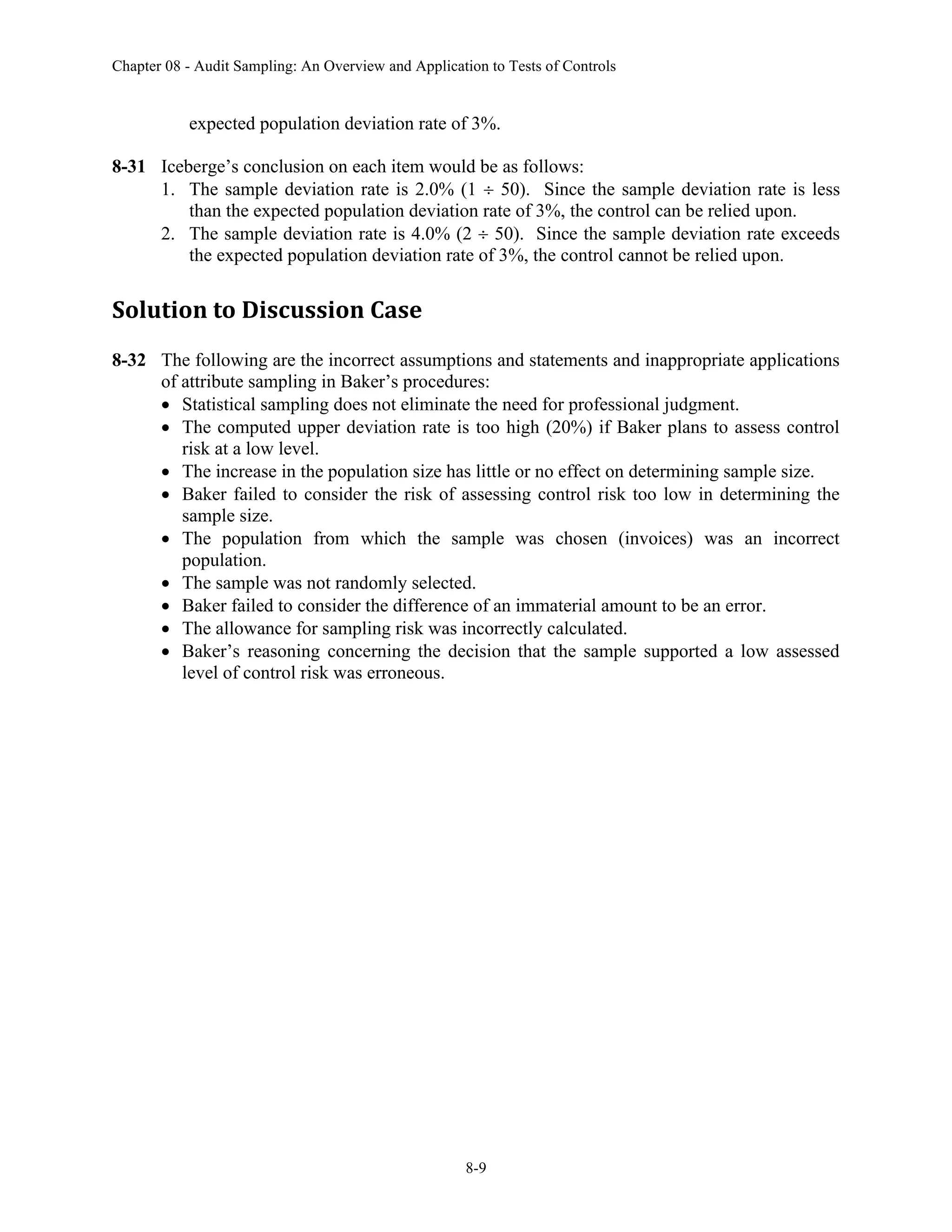 Chapter 08 - Audit Sampling: An Overview and Application to Tests of Controls
8-9
expected population deviation rate of 3%.
8-31 Iceberge’s conclusion on each item would be as follows:
1. The sample deviation rate is 2.0% (1  50). Since the sample deviation rate is less
than the expected population deviation rate of 3%, the control can be relied upon.
2. The sample deviation rate is 4.0% (2  50). Since the sample deviation rate exceeds
the expected population deviation rate of 3%, the control cannot be relied upon.
Solution to Discussion Case
8-32 The following are the incorrect assumptions and statements and inappropriate applications
of attribute sampling in Baker’s procedures:
• Statistical sampling does not eliminate the need for professional judgment.
• The computed upper deviation rate is too high (20%) if Baker plans to assess control
risk at a low level.
• The increase in the population size has little or no effect on determining sample size.
• Baker failed to consider the risk of assessing control risk too low in determining the
sample size.
• The population from which the sample was chosen (invoices) was an incorrect
population.
• The sample was not randomly selected.
• Baker failed to consider the difference of an immaterial amount to be an error.
• The allowance for sampling risk was incorrectly calculated.
• Baker’s reasoning concerning the decision that the sample supported a low assessed
level of control risk was erroneous.
 