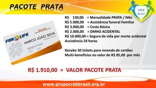 www.grupocrebbrasil.org.br
R$ 130,00 = Mensalidade PRATA / Mês
R$ 5.000,00 = Assistência funeral Familiar
R$ 3.000,00 = Cesta Básica
R$ 2.000,00 = DMHO ACIDENTAL
R$ 10.000,00 = Seguro de vida por morte acidental
Assistência 24 horas
Recebe 30 tickets para revenda de cartões
Multi-benefícios no valor de R$ 85,00 por mês
R$ 1.910,00 = VALOR PACOTE PRATA
CREB
Brasil
 