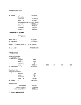 using 20X20X40 CHB;
no. of CHB = 318.75 pcs.
for mortar
cement = 13.39 bags
sand = 1.12
for plastering(using 1" thich plaster)
cement = 23.32 bags
sand = 1.30
10 mmθ = 12.40 pcs.
tie wire = 0.25 kgs.
V. CARPENTRY WORKS
1/4 " plywood
ceiling area = 350.00
no. of plywood = 121.53 pcs.
using 2" x 2" ceiling joist at 40 X 40 cm spacing
qty. of wood = 2232.65 bd. Ft.
V. TILEWORKS
unglazed floor tiles
using 20x20 cm tiles
length = 2.4 m
width = 2.5 m
number = 2
area = 6.00 5.33 5.98 1.5 12.8
no. of floor tiles = 300.00 pcs.
glazed wall tiles
using 20x20 cm tiles
length = 2 m
width = 1.5 m
number = 2
area = 10.50
no. of tiles = 262.50 pcs.
cement mortar
total area = 16.50
cement mortar = 1.49 bags
white cement filler = 8.66 bags
VI. DOORS & WINDOWS
m3
m3
m2
m2
m2
m2
 