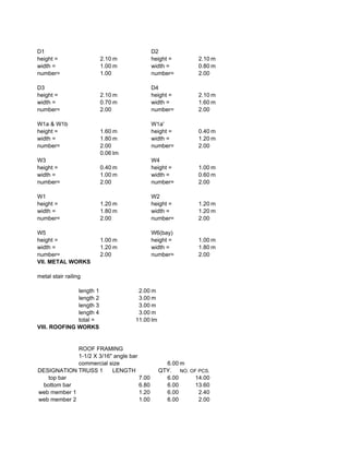 D1 D2
height = 2.10 m height = 2.10 m
width = 1.00 m width = 0.80 m
number= 1.00 number= 2.00
D3 D4
height = 2.10 m height = 2.10 m
width = 0.70 m width = 1.60 m
number= 2.00 number= 2.00
W1a & W1b W1a'
height = 1.60 m height = 0.40 m
width = 1.80 m width = 1.20 m
number= 2.00 number= 2.00
0.06 lm
W3 W4
height = 0.40 m height = 1.00 m
width = 1.00 m width = 0.60 m
number= 2.00 number= 2.00
W1 W2
height = 1.20 m height = 1.20 m
width = 1.80 m width = 1.20 m
number= 2.00 number= 2.00
W5 W6(bay)
height = 1.00 m height = 1.00 m
width = 1.20 m width = 1.80 m
number= 2.00 number= 2.00
VII. METAL WORKS
metal stair railing
length 1 2.00 m
length 2 3.00 m
length 3 3.00 m
length 4 3.00 m
total = 11.00 lm
VIII. ROOFING WORKS
ROOF FRAMING
1-1/2 X 3/16" angle bar
commercial size 6.00 m
DESIGNATION TRUSS 1 LENGTH QTY. NO. OF PCS.
top bar 7.00 6.00 14.00
bottom bar 6.80 6.00 13.60
web member 1 1.20 6.00 2.40
web member 2 1.00 6.00 2.00
 