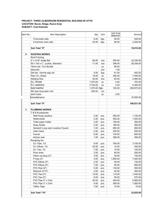 PROJECT: THREE (3)-BEDROOM RESIDENTIAL BUILDING W/ ATTIC
LOCATION: Bucot, Aliaga, Nueva Ecija
SUBJECT: Cost Estimate
Item No. Item Description Qty. Unit Amount
Unit Cost
(Material)
3"concrete nails 6.00 kgs. 90.00 540.00
4"common wire nails 25.00 kgs. 90.00 2,250.00
Sub Total "8" 19,010.00
###
IX ROOFING WORKS ###
Roof Framing ###
2" x 3/16" Angle Bar 66.00 nos 505.00 33,330.00
50 x 100 x C - purlins, Standard 71.00 nos 398.00 28,258.00
16mm dia. Turn Buckle - pc 85.00 -
tekscrew - pcs 1.00 -
Def bar, 10mmø sag rod 5.00 kgs 91.00 455.00
Plain G.I. Sheet 18.00 pc 392.00 7,056.00
Welding Rod 30.00 box 82.00 2,460.00
G.I. Rivets 1,575.00 pc 0.50 787.50
G.I. washers 3,150.00 pc 2.00 6,300.00
lead washer 1,575.00 kgs. 165.00 259,875.00
Rib type long span roof 226.00 sm -
blind rivets pc 0.50 -
miscellaneous 10,000.00
###
Sub Total "9" 348,521.50
###
X PLUMBING WORKS ###
T & B Accessories ###
Wall Hung Lavatory 2.00 pcs. 550.00 1,100.00
Watercloset 2.00 pcs. 500.00 1,000.00
Toilet paper holder 2.00 pcs. 180.00 360.00
Soap Holder 2.00 pcs. 180.00 360.00
Geisdorf Long neck Lavatory Faucet 1.00 pcs. 850.00 850.00
Gate Valve 2.00 pcs. 250.00 500.00
Faucet 6.00 pcs. 100.00 600.00
kitchen sink 1.00 pcs. 380.00 380.00
Roughing Ins ###
G.I. Pipe, 1/2 9.00 pcs. 350.00 3,150.00
G.I. Elbow, 1/2 25.00 pcs. 10.00 250.00
G.I. Tee, 1/2 7.00 pcs. 15.00 105.00
Floor drain 3.00 pcs. 85.00 255.00
Clean out plug (3") 3.00 pcs. 50.00 150.00
P trap (3") 4.00 pcs. 1,850.00 7,400.00
PVC Elbow (3") 2.00 pcs. 60.00 120.00
PVC Elbow (4") 7.00 pcs. 95.00 665.00
PVC Wye (4") 5.00 pcs. 130.00 650.00
Reducer (4"/3") 4.00 pcs. 65.00 260.00
PVC Tee (4") 13.00 pcs. 110.00 1,430.00
PVC Tee (3") 6.00 pcs. 95.00 570.00
PVC Pipe 4" x 3.0m 20.00 pcs. 495.00 9,900.00
PVC Pipe 3" x 3.0m 5.00 pcs. 380.00 1,900.00
Teflon Tape 7.00 pcs. 10.00 70.00
###
Sub Total "10" 32,025.00
###
 