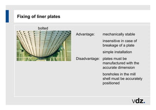 Fixing of liner plates
bolted
Advantage: mechanically stable
insensitive in case of
breakage of a plate
simple installation
Disadvantage: plates must be
manufactured with the
accurate dimension
boreholes in the mill
shell must be accurately
positioned
 