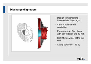 Discharge diaphragm
• Design comparable to
intermediate diaphragm
• Central hole for mill
ventilation
• Entrance side: Slot plates
with slot width of 6 to 10 mm
• Slot 2 times wider at the exit
side
• Active surface 5 – 10 %
 