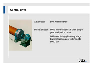 Central drive
Advantage: Low maintenance
Disadvantage: 50 % more expensive than single
gear and pinion drive
With co-rotating planetary stage
transmittable power is limited to
5000 kW
 