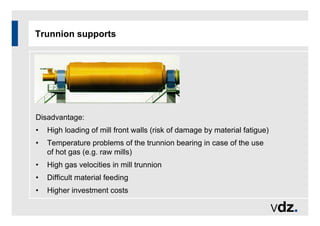 Trunnion supports
Disadvantage:
• High loading of mill front walls (risk of damage by material fatigue)
• Temperature problems of the trunnion bearing in case of the use
of hot gas (e.g. raw mills)
• High gas velocities in mill trunnion
• Difficult material feeding
• Higher investment costs
 