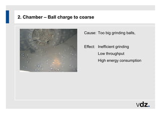 2. Chamber – Ball charge to coarse
Cause: Too big grinding balls,
Effect: Inefficient grinding
Low throughput
High energy consumption
 