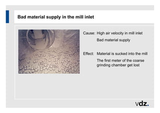 Bad material supply in the mill inlet
Cause: High air velocity in mill inlet
Bad material supply
Effect: Material is sucked into the mill
The first meter of the coarse
grinding chamber get lost
 