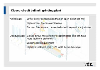 Closed-circuit ball mill grinding plant
Advantage: Lower power consumption than an open circuit ball mill
High cement fineness achievable
Cement fineness can be controlled with separator adjustment
Disadvantage: Closed-circuit mills are more sophisticated and can have
more technical problems
Larger space requirement
Higher investment cost (+ 25 to 30 % incl. housing)
 