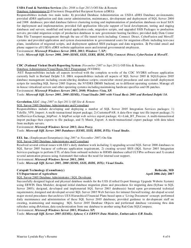 professional resume of maurice l ray march92015 sql server database administrator resume