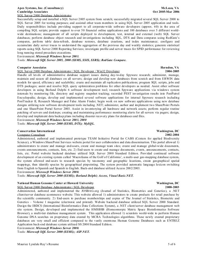professional resume of maurice l ray march92015 sql server database administrator resume