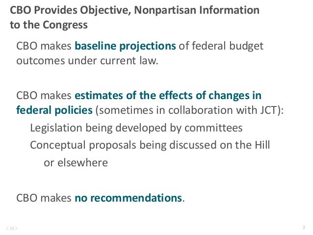 CBO Provides Objective, Nonpartisan Information
to the Congress
CBO makes baseline projections of federal budget
outcomes ...