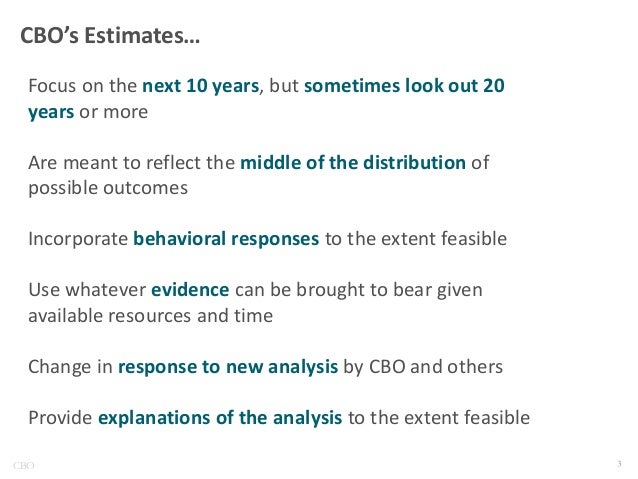 CBO’s Estimates…
Focus on the next 10 years, but sometimes look out 20
years or more
Are meant to reflect the middle of th...