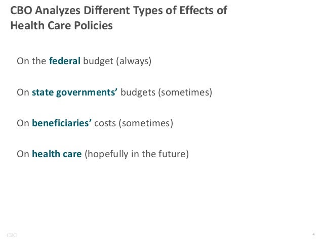 CBO Analyzes Different Types of Effects of
Health Care Policies
On the federal budget (always)
On state governments’ budge...