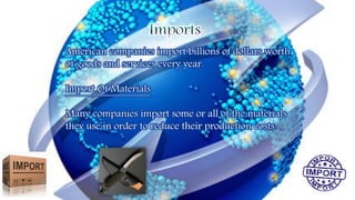 American companies import billions of dollars worth
of goods and services every year.
Import Of Materials
Many companies import some or all of the materials
they use in order to reduce their production costs.
 