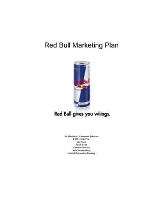  
 
 
 
Red Bull Marketing Plan 
 
 
 
 
 
Dr. Haddock ­ Consumer Behavior 
T/TH: 12:00 P.M.  
Alec Snow 
Jacob Craft 
Cambria Mackey 
Kyle Strassenburg 
Gabriel Hernandez­Banning 
 
 
 
 
 
 
 
 
 
 