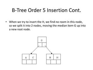 B-Tree Order 5 Insertion Cont.
• When we try to insert the H, we find no room in this node,
so we split it into 2 nodes, moving the median item G up into
a new root node.
 