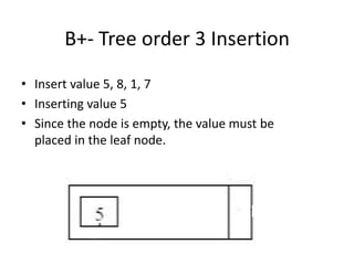 B+- Tree order 3 Insertion
• Insert value 5, 8, 1, 7
• Inserting value 5
• Since the node is empty, the value must be
placed in the leaf node.
 