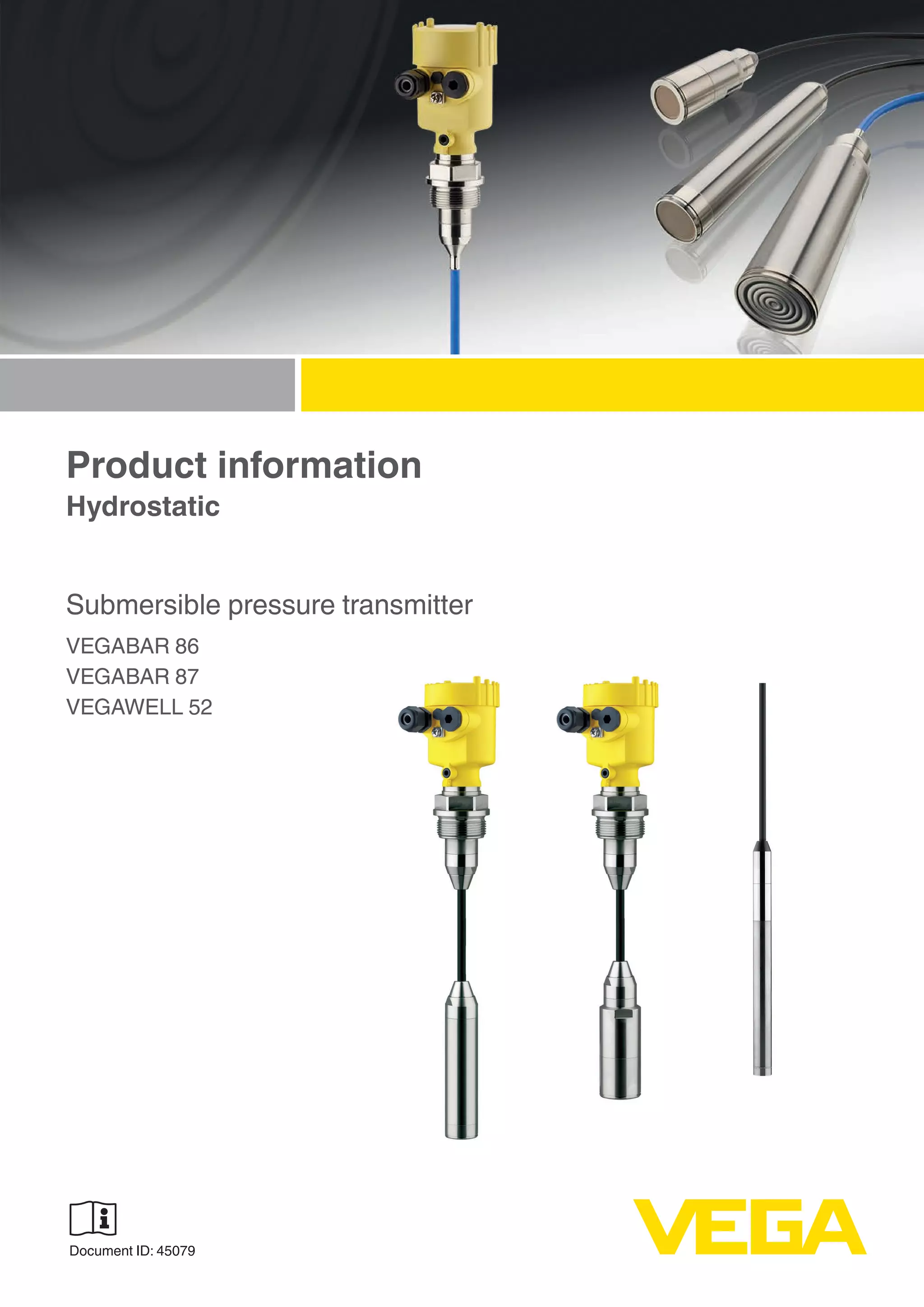 Product information
Hydrostatic
Submersible pressure transmitter
VEGABAR 86
VEGABAR 87
VEGAWELL 52
Document ID: 45079
 